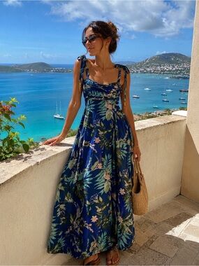 Taylor Blue Tropical Botanical Maxi Dress XS Coastal Resort Sea Turtle Charms
